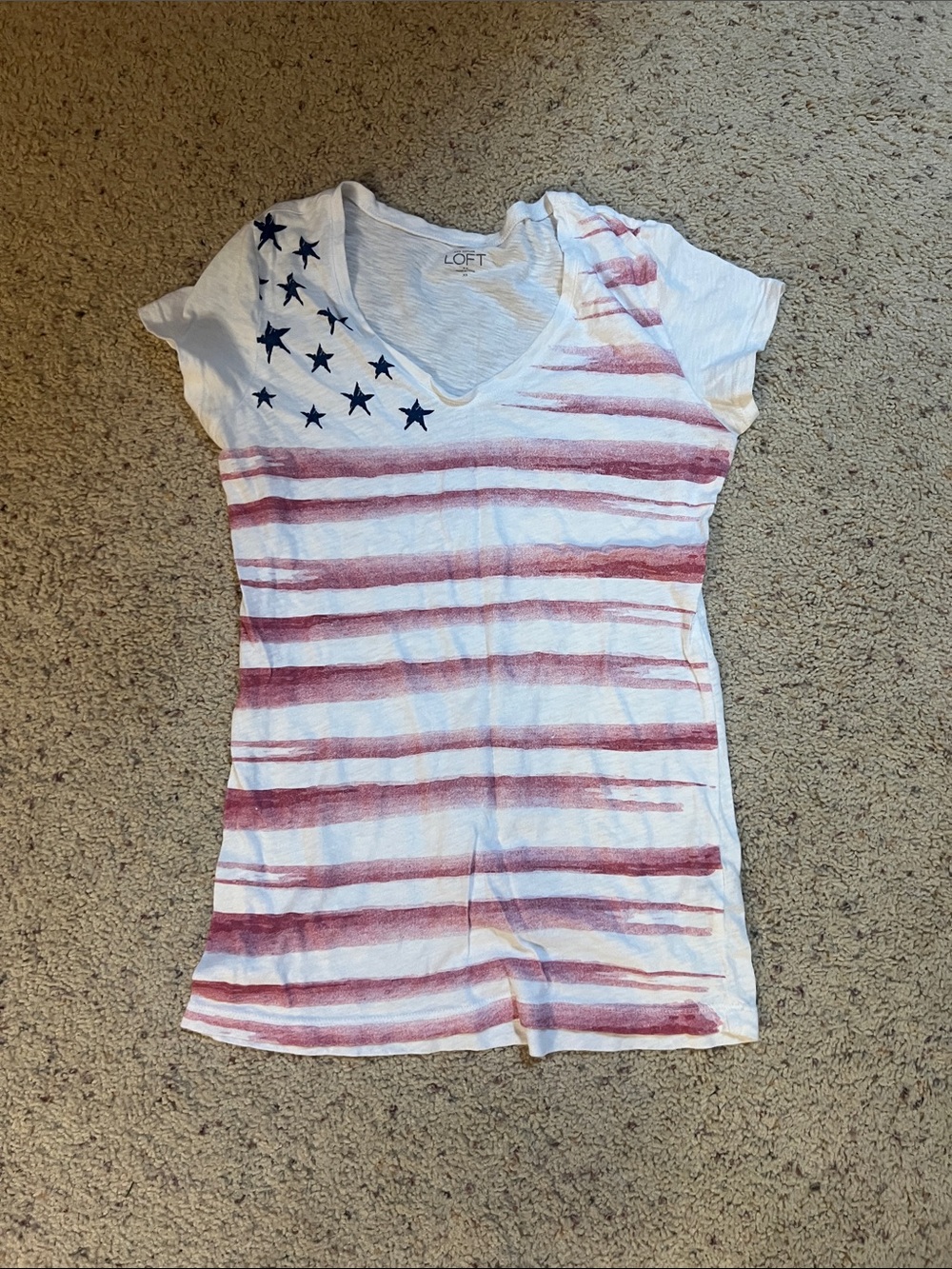 LOFT White V-Neck Tee with Red Stripes and Blue Stars
